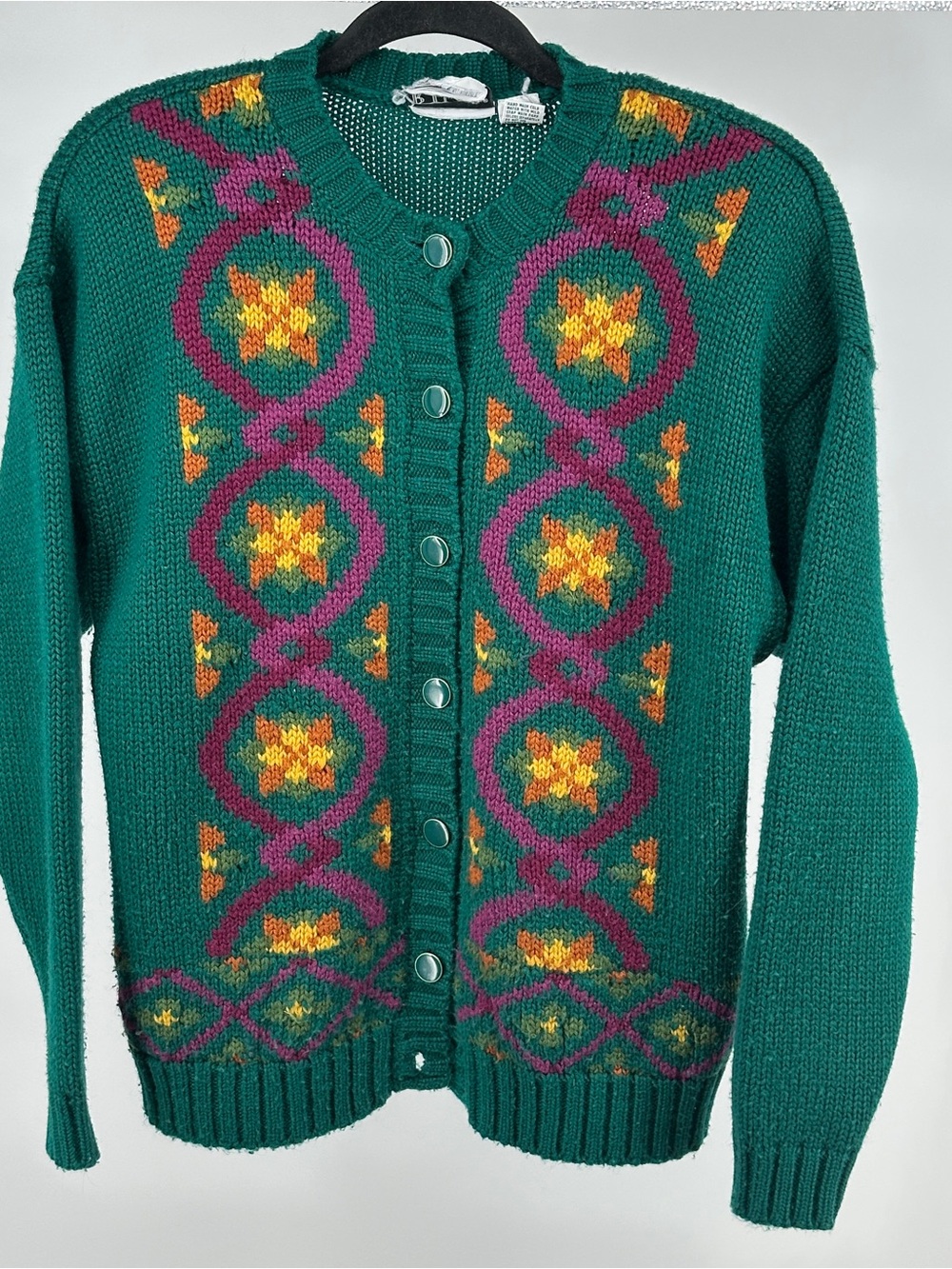 Vintage Medium Russ Green Button-Front Cardigan with Purple Yellow Motifs Wool